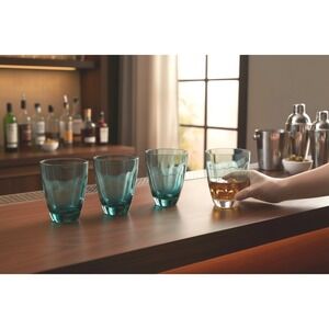 Russel Wright Teal Blue Imperial Pinch Blown Glass Tumblers MCM Barware Set of 4